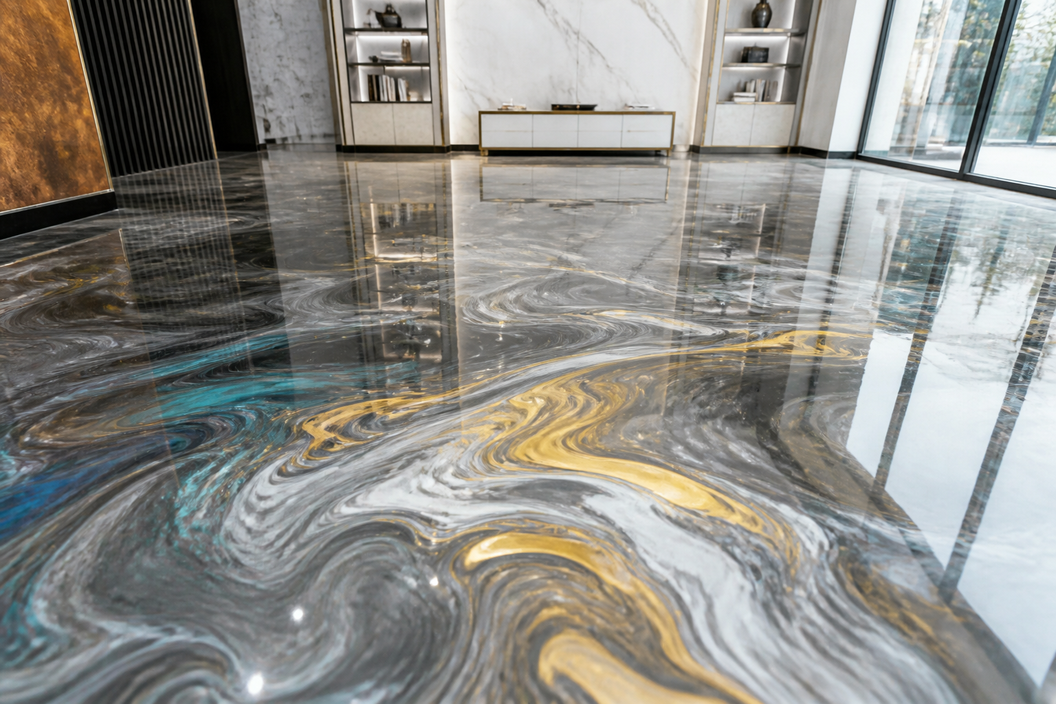 Luxury metallic marble epoxy flooring with high-gloss glass reflection